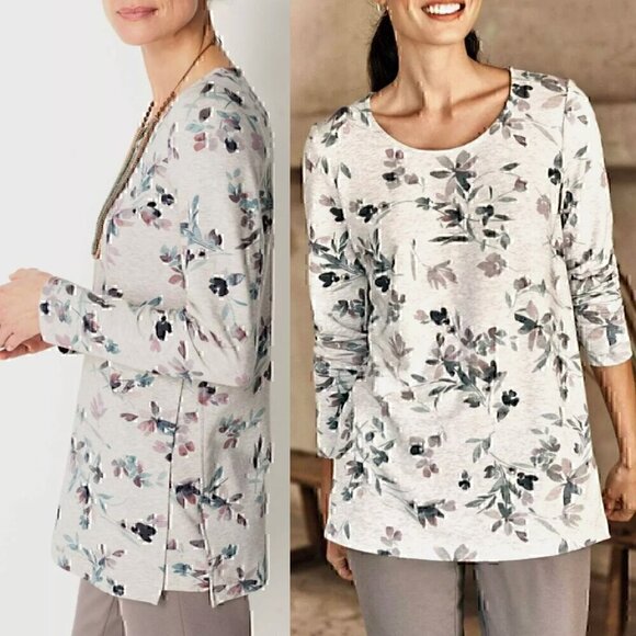 J. JILL PURE JILL Affinity Floral Top Gray ? Multi Floral Long Sleeve PETITE XS - Picture 1 of 14